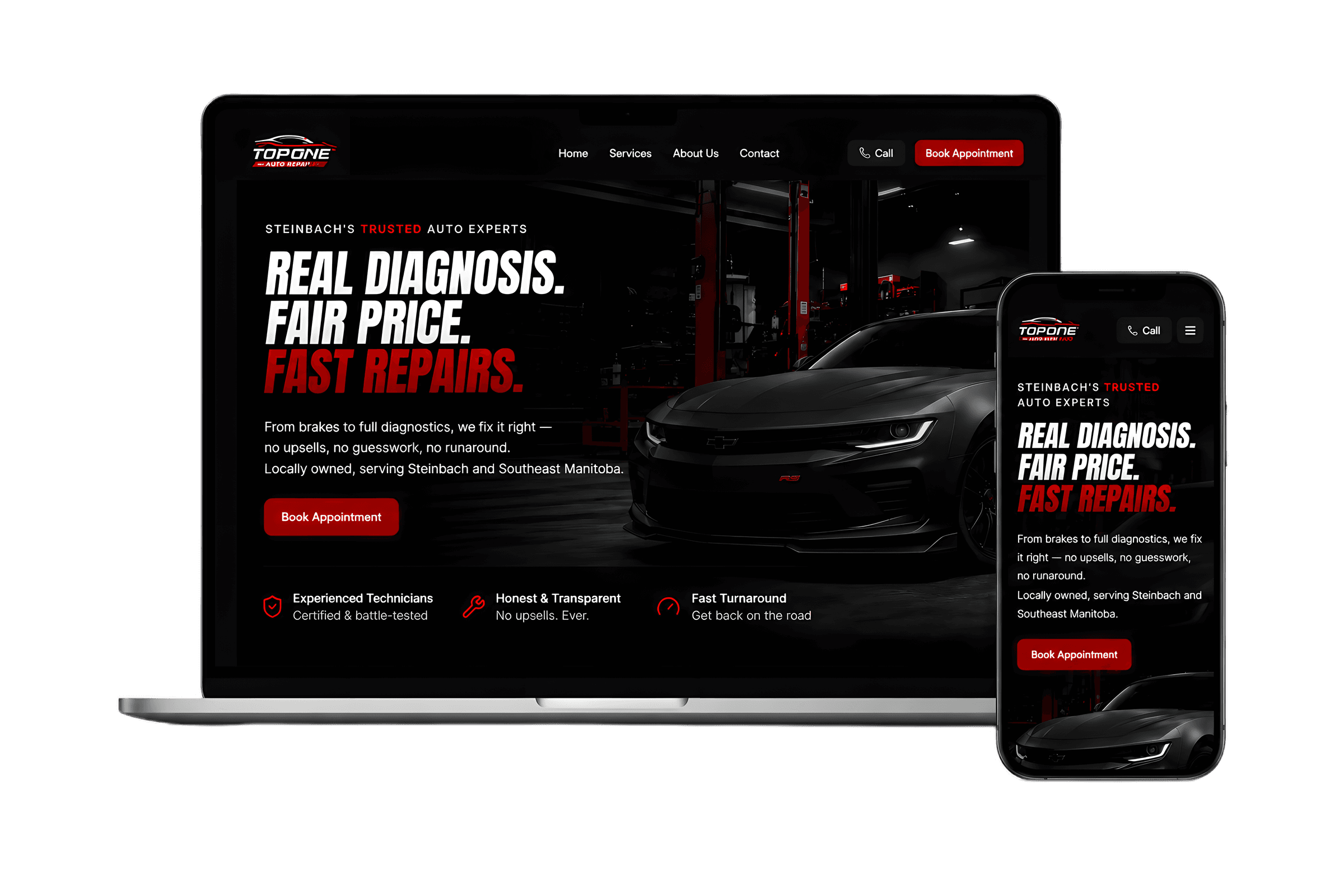 TopOne Auto Repair website shown on a laptop and phone